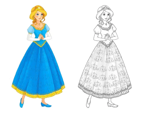 Dibujo Animado Escena Con Hermosa Princesa Sobre Fondo Blanco Ilustración —  Fotos de Stock