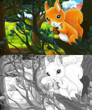 Şehrin dışındaki parkta çocuklar için fındık resimli sincaplı bir karikatür sahnesi.