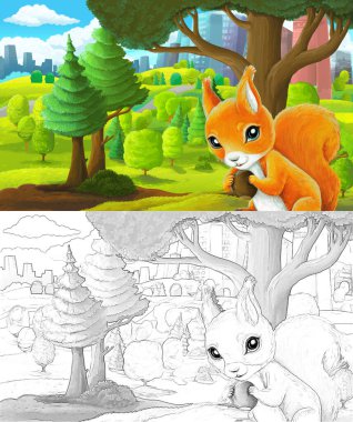 Şehrin dışındaki parkta çocuklar için fındık resimli sincaplı bir karikatür sahnesi.