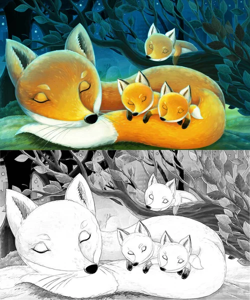 Cartoon Sketch Scene Animals Family Foxes Forest Sleeping Night Illustration — Stock Photo, Image