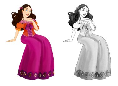 Beyaz arka planda güzel prensesin olduğu karikatür sahnesi - çocuklar için illüstrasyon