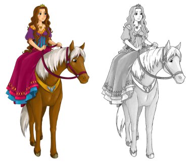 Beyaz arka planda prensesin ata bindiği karikatür sahnesi - çocuklar için illüstrasyon