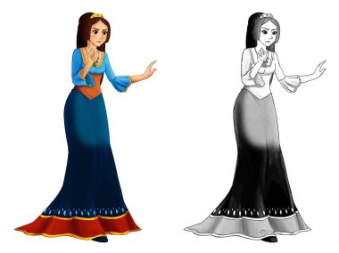 Beyaz arka planda güzel prensesin olduğu karikatür sahnesi - çocuklar için illüstrasyon