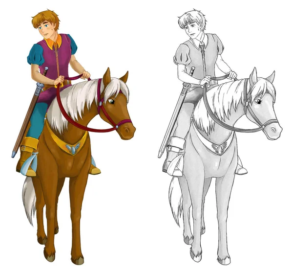 Dessin Animé Scène Croquis Avec Prince Chevauchant Cheval Sur Fond — Photo