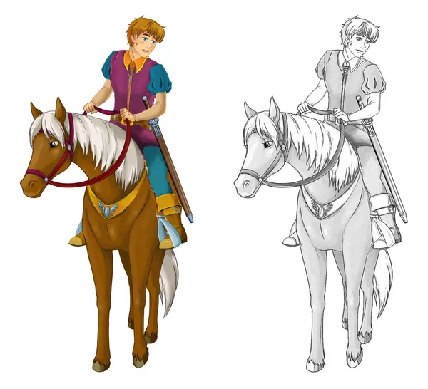 Desenho Animado Cena Com Príncipe Montando Cavalo Fundo Branco Ilustração — Fotografia de Stock