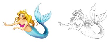 Çizimi olan karikatür denizkızı çocuklar için beyaz arkaplanda yüzüyor