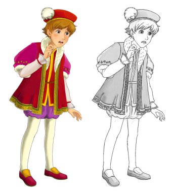 Ortaçağ prensinin beyaz arkaplanlı çocuklar için çizdiği karikatür sahnesi