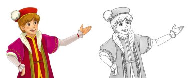 Ortaçağ prensinin beyaz arkaplanlı çocuklar için çizdiği karikatür sahnesi