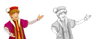 Ortaçağ prensinin beyaz arkaplanlı çocuklar için çizdiği karikatür sahnesi