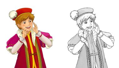 Ortaçağ prensinin beyaz arkaplanlı çocuklar için çizdiği karikatür sahnesi