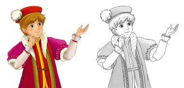 Ortaçağ prensinin beyaz arkaplanlı çocuklar için çizdiği karikatür sahnesi