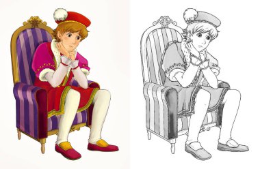 Ortaçağ prensinin beyaz arkaplanlı çocuklar için çizdiği karikatür sahnesi