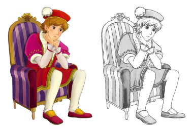 Ortaçağ prensinin beyaz arkaplanlı çocuklar için çizdiği karikatür sahnesi