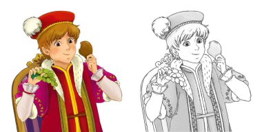 Ortaçağ prensinin beyaz arkaplanlı çocuklar için çizdiği karikatür sahnesi