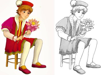 Ortaçağ prensinin beyaz arkaplanlı çocuklar için çizdiği karikatür sahnesi