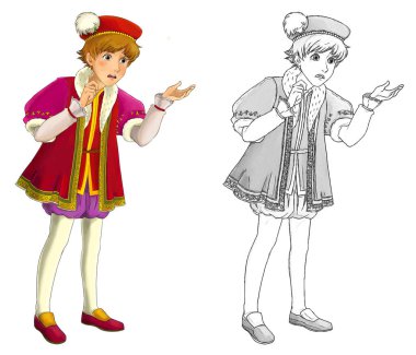 Ortaçağ prensinin beyaz arkaplanlı çocuklar için çizdiği karikatür sahnesi