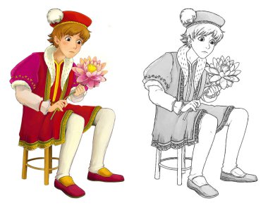 Ortaçağ prensinin beyaz arkaplanlı çocuklar için çizdiği karikatür sahnesi