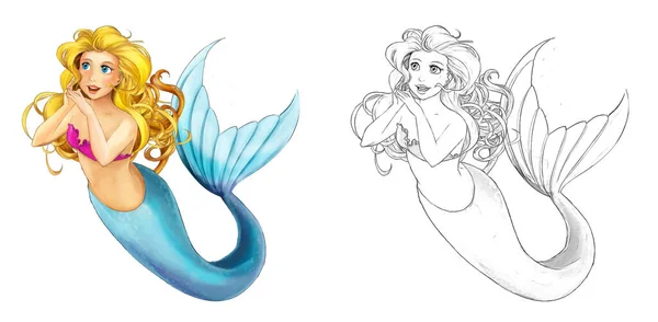 Sirena Dibujos Animados Con Dibujo Nadando Sobre Fondo Blanco Ilustración — Foto de Stock