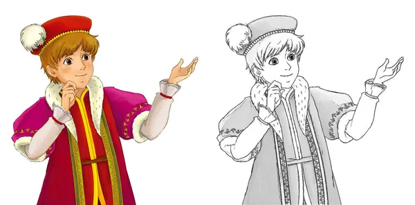Cartoon Szene Mit Mittelalterlichem Prinzen Auf Weißem Hintergrund Für Kinder — Stockfoto
