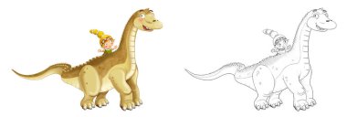 Beyaz arka planda diplodocus 'ta mağara adamı ile mutlu eskiz sahnesi - çocuklar için çizim