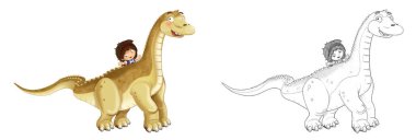 Beyaz arka planda diplodocus 'ta mağara adamı ile mutlu eskiz sahnesi - çocuklar için çizim