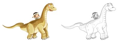 Beyaz arka planda diplodocus 'ta mağara adamı ile mutlu eskiz sahnesi - çocuklar için çizim