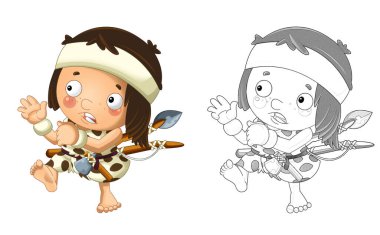 Mutlu mağara adamı barbar savaşçının beyaz arka planda çocuklar için çizdiği çizim sahnesi.