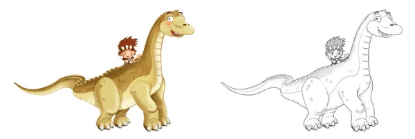 Cartoon Happy Sketch Scene Caveman Man Diplodocus White Background Ilustração — Fotografia de Stock