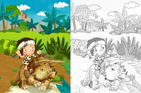 Cartoon sketch scene with prehistoric cavemen - illustration for children