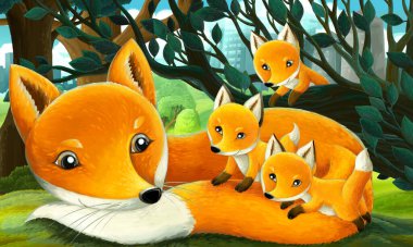 Çocuklar için orman illüstrasyonunda tilki ailesinin olduğu bir çizgi film sahnesi.