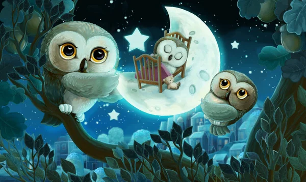 夜になると森の中のフクロウとの漫画シーン 子供向けイラスト — ストック写真