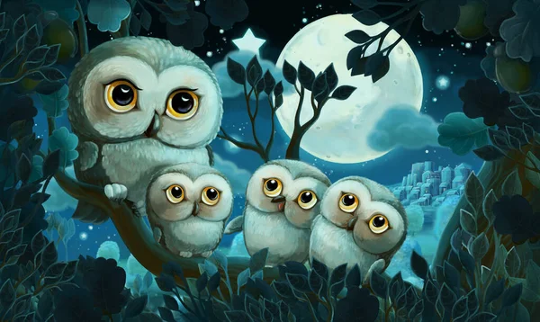 Tecknad Scen Med Uggla Skogen Natten Illustration För Barn — Stockfoto
