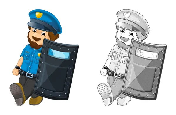 Escena Dibujos Animados Con Policía Feliz Servicio Sosteniendo Escudo Prueba — Foto de Stock