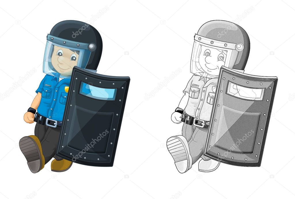 cartoon scene with happy policeman on duty holding bulletproof shield - on white background - illustration for children