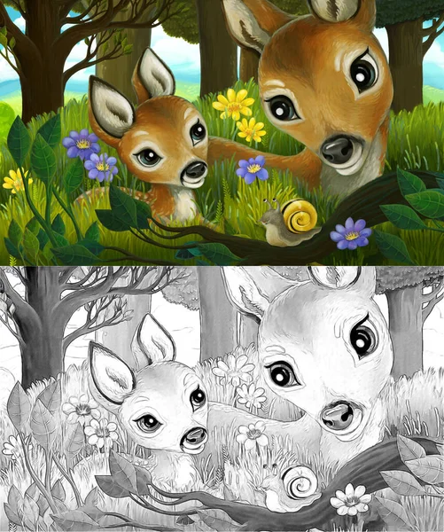 Desenho Animado Cena Com Animais Família Cervos Floresta Ilustração Para — Fotografia de Stock