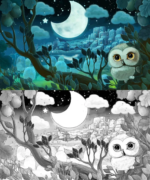 夜までに森の中でフクロウと漫画のスケッチシーン イラスト 子供のための — ストック写真