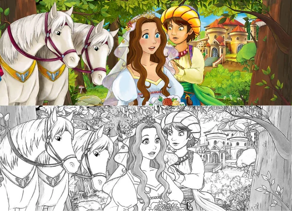 卡通画场景公主在森林公园里为孩子们作旅行插图 — 图库照片