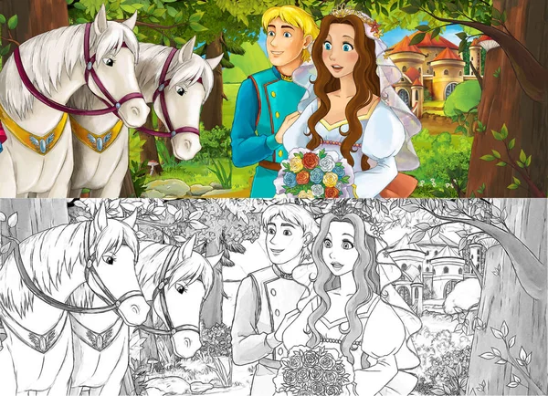 卡通画场景公主在森林公园里为孩子们作旅行插图 — 图库照片