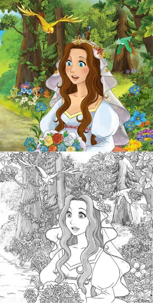 cartoon sketch scene princess in the forest orchard on the journey illustration for children
