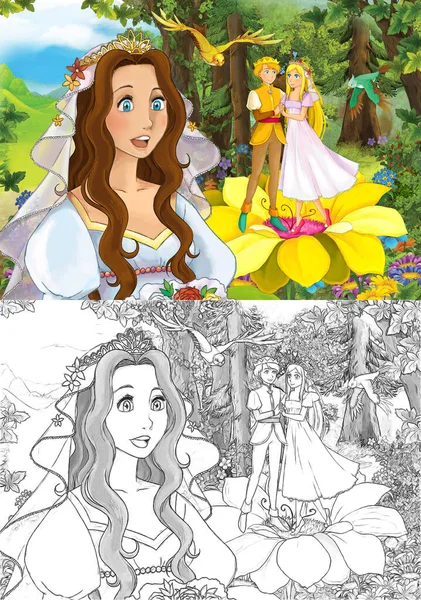 Dessin Animé Esquisse Scène Princesse Dans Verger Forêt Sur Voyage — Photo