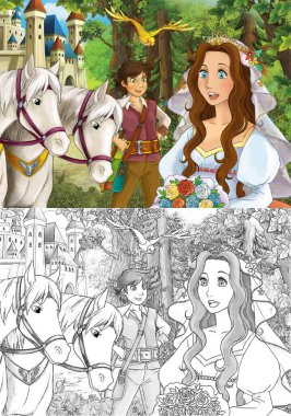 Çizgi film sahnesi prenses orman bahçesinde çocuklar için çizim yapıyor.