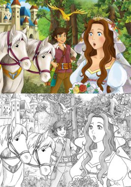 Çizgi film sahnesi prenses orman bahçesinde çocuklar için çizim yapıyor.