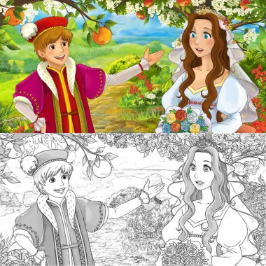 Çizgi film sahnesi prenses orman bahçesinde çocuklar için çizim yapıyor.