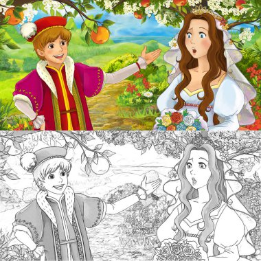 Çizgi film sahnesi prenses orman bahçesinde çocuklar için çizim yapıyor.