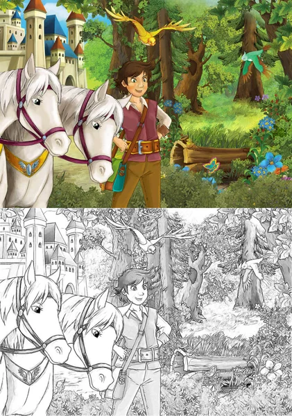 Princesa Cena Dos Desenhos Animados Pomar Floresta Ilustração Viagem Para — Fotografia de Stock