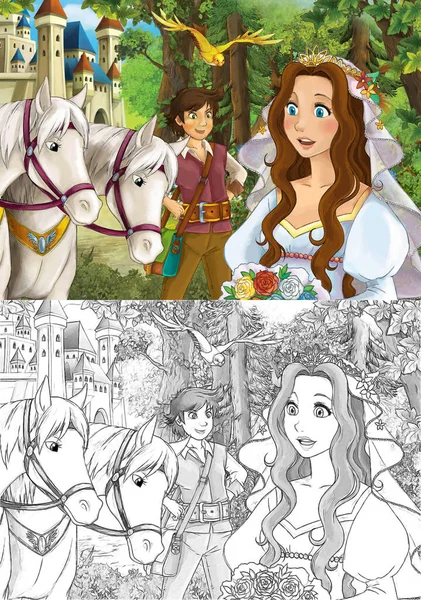 Cartoon Scene Prinses Het Bos Boomgaard Reis Illustratie Voor Kinderen — Stockfoto