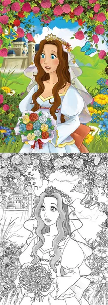Zeichentrickszene Prinzessin Streuobstgarten Unterwegs Illustration Für Kinder — Stockfoto
