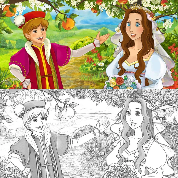 Cartoon Scene Princess Forest Orchard Journey Illustration Children — Stock Photo, Image
