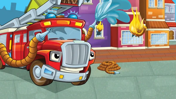 Zeichentricksketch Szene Rotes Feuerwehrauto Pflicht Illustration Für Kinder — Stockfoto