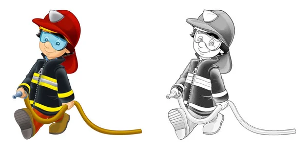 Мультфильм Эскиз Пожарный Инструментами Белый Фон Иллюстрация Детей — стоковое фото